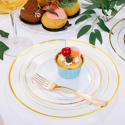 DaYammi 210PCS Clear Gold Plastic Dinnerware Set Christmas Plates Disposable Fancy Platos for Party Include: 30 Dinner Plates, 30 Dessert Plates, 30 Pre Rolled Napkins with Gold Silverware, 30 Cups