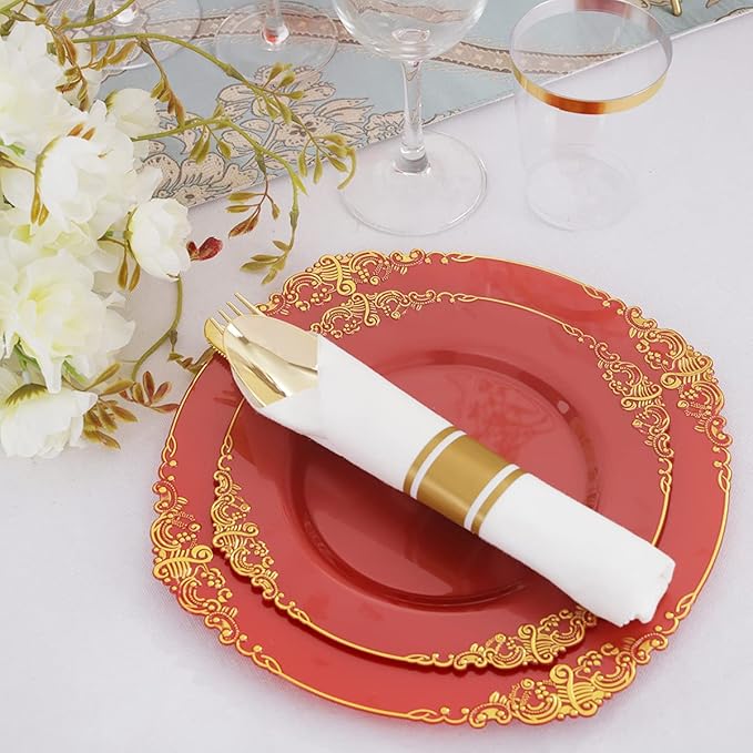 Liacere 30 PCS Gold Plastic Silverware with Pre Rolled Napkins - Gold Plastic Cutlery Premium Gold Plastic Utensils with Red Handle Includes 10Forks 10Knives 10Spoons 10Napkins for Christmas Day