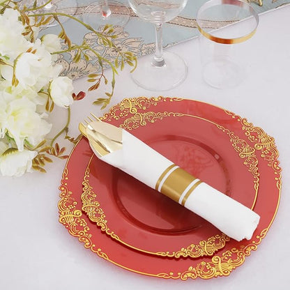 Liacere 30 PCS Gold Plastic Silverware with Pre Rolled Napkins - Gold Plastic Cutlery Premium Gold Plastic Utensils with Red Handle Includes 10Forks 10Knives 10Spoons 10Napkins for Christmas Day