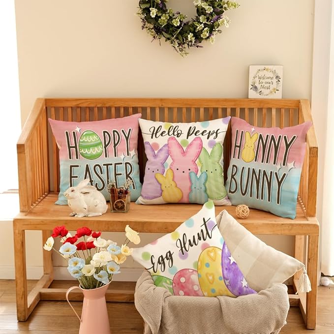 GEEORY Happy Easter Eggs Hello Peeps Throw Pillow Covers 18x18 Inch Set of 4, Hunny Bunny Polka Dots Spring Decorative Farmhouse Holiday Cushion Case for Home Decoration G687-18