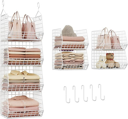 X-cosrack 4 Tier Closet Hanging Organizer, Foldable Closet Shelving with 2 Hanging Hooks 5 S Hooks, Wire Storage Basket for Wardrobe Laundry Room, for Clothing Sweaters Shoes Handbags Patent-White