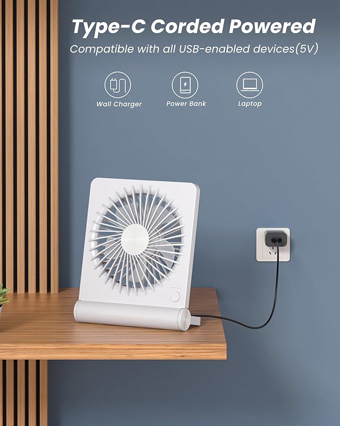 Koonie USB Fan, Strong Wind Quiet Small Desk Fan 220° Tilt Folding 3 Speeds Adjustable USB-C Powered Personal Fan for Home Office Desktop, White, NO BATTERY