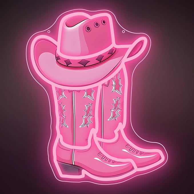 Cowboy Boot Neon Sign Cowboy Hat Neon Light 16.2”x12.3” Pink Cowgirl LED Sign for Wall Decor Dimmable Western Cowgirl Light Up Signs for Bedroom Game Room Presents for Birthday Party Rodeo Enthusiast