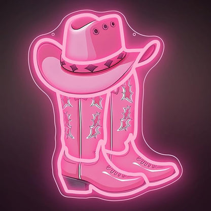 Cowboy Boot Neon Sign Cowboy Hat Neon Light 16.2”x12.3” Pink Cowgirl LED Sign for Wall Decor Dimmable Western Cowgirl Light Up Signs for Bedroom Game Room Presents for Birthday Party Rodeo Enthusiast