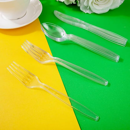 Liacere 360PCS Heavy Duty Clear Plastic Silverware, 150 Forks, 150 Spoons, 60 Knives, BPA-Free, Heat Resistant, Disposable Plastic Utensils Set, Plastic Cutlery Set, Plasticware Bulk for Party