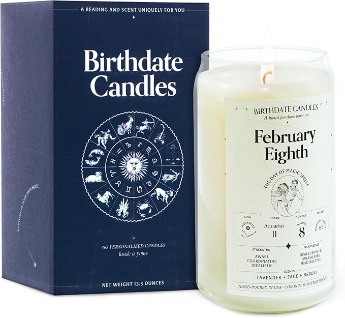 Birthdate Candles, February 8 - Aquarius Zodiac Scented Candles Birthday Gift - Lavender, Sage & Neroli Scent - All-Natural Soy & Coconut Wax, 60-80 Hour Burn Time - Made in USA