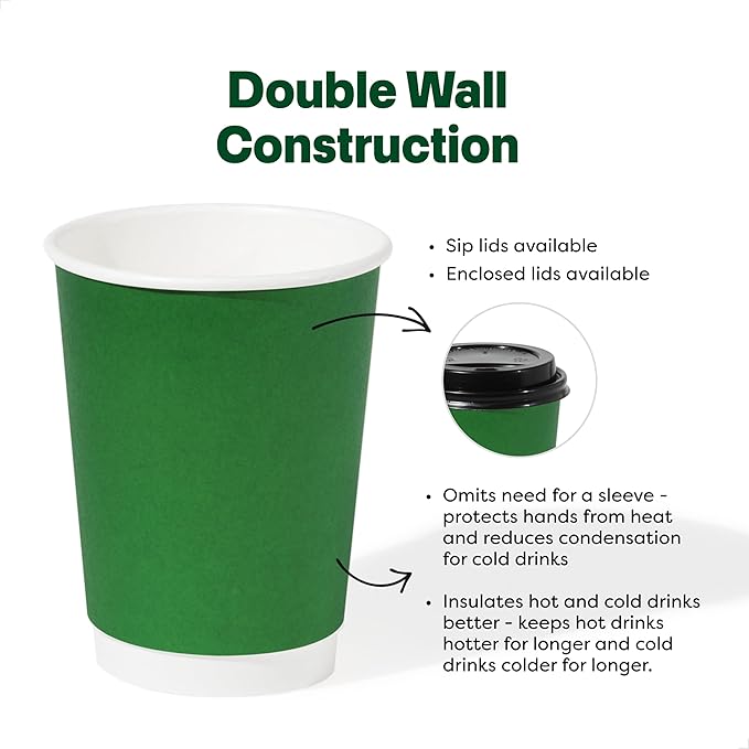 Tossware GO 12 oz Double Wall - Mix Color Paper Cup Set - Premium Quality Food Safe - For Hot & Cold Drinks - Disposable & Recyclable - Perfect for Parties, Home & Office - Set of 100