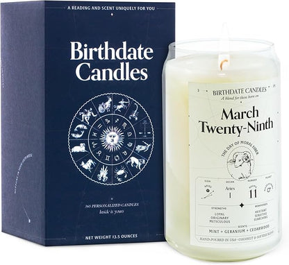 Birthdate Candles, March 29 - Aries Zodiac Scented Candles Birthday Gift - Mint, Geranium & Cedarwood Scent - All-Natural Soy & Coconut Wax, 60-80 Hour Burn Time - Made in USA