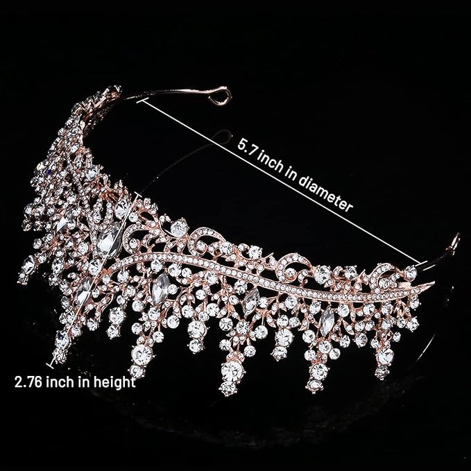 TOBATOBA Crystal Wedding Tiara for Women Rose Gold Crown Royal Queen Headband Metal Princess Bride Quinceanera Headpieces Birthday Prom Pageant Halloween Costume Cosplay