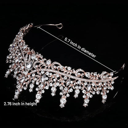 TOBATOBA Crystal Wedding Tiara for Women Rose Gold Crown Royal Queen Headband Metal Princess Bride Quinceanera Headpieces Birthday Prom Pageant Halloween Costume Cosplay