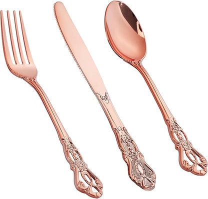 300PCS Rose Gold Plastic Silverware - Heavy Duty Elegant Disposable Utensils - Vintage Rose Gold Cutlery Set Includes 100 Forks, 100 Spoons, 100 Knives for Dinner Parties Weddings