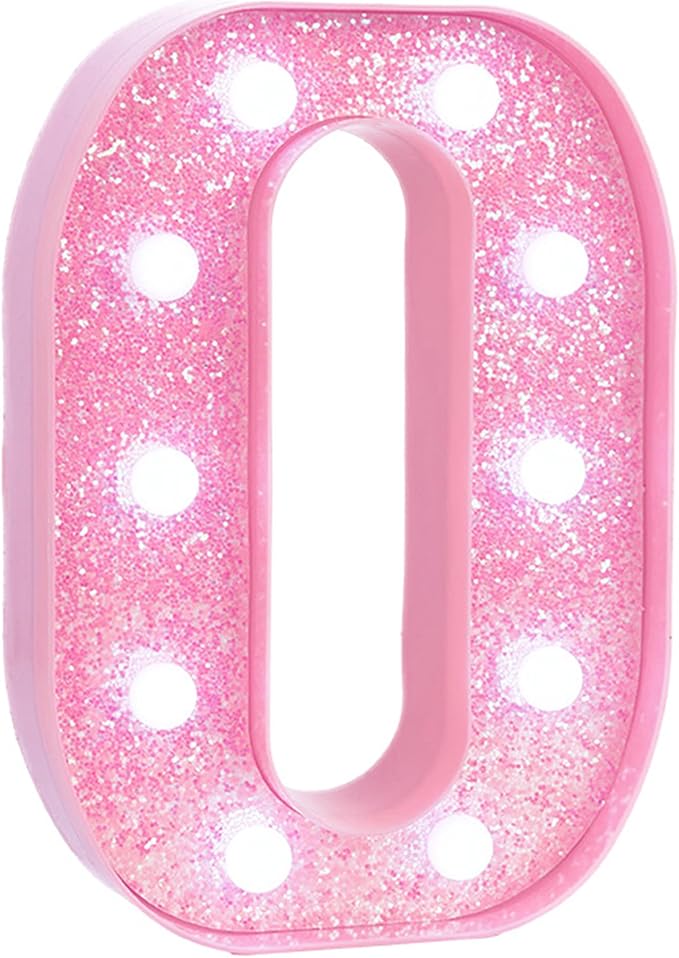 Pink LED Marquee Light Up Letters, Glitter Alphabet Letter Lights for Birthday Party Decorations, Battery Operated Letter Signs for Girls Room Table Decor, Pink letter O with Cool White Lights