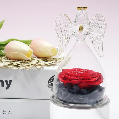 Miofula Preserved Flower Rose Birthday Gifts for Mom, Angels Figurines with Forever Real Rose Gifts for Women Mom Grandma, Angels Gifts for Valentines Anniversary (Red Starry Sky)