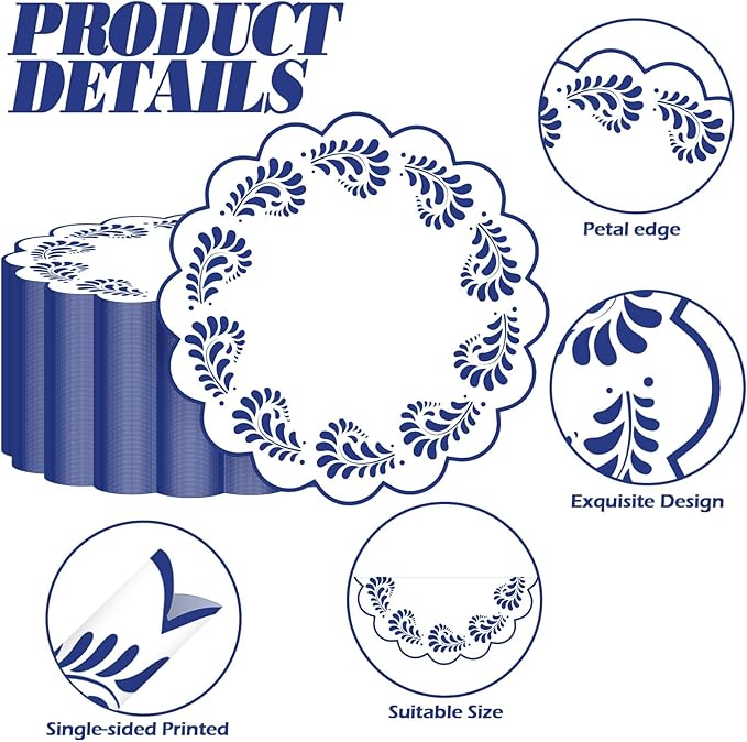 100 Pcs Talavera Paper Placemats 13.5 Inches Scalloped Cantaritos De Barro Mexicanos Paper Placemats Disposable Blue and White Party Decorations for Mexican Wedding Baby Shower Party Decor