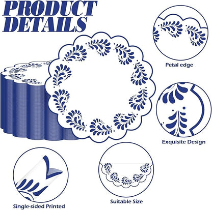 100 Pcs Talavera Paper Placemats 13.5 Inches Scalloped Cantaritos De Barro Mexicanos Paper Placemats Disposable Blue and White Party Decorations for Mexican Wedding Baby Shower Party Decor