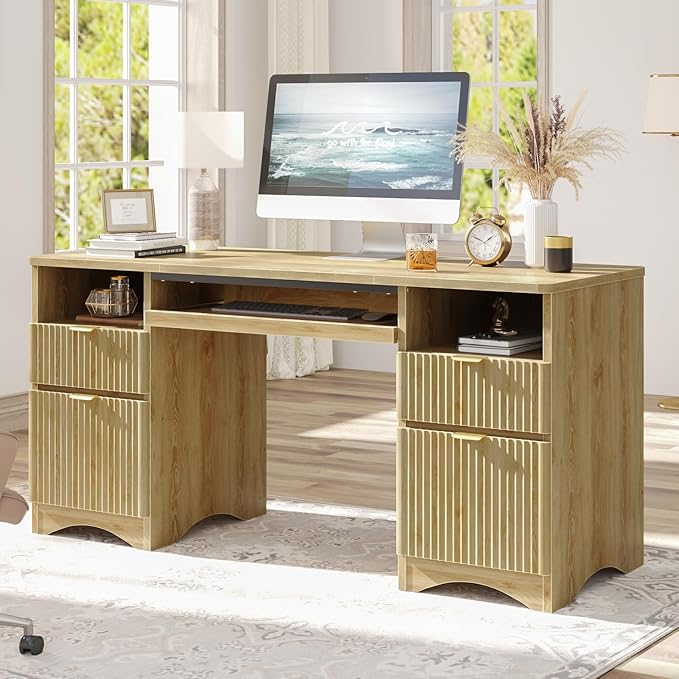 Bestier Computer Desk with Keyboard Tray, 59 inch Office Desk with 4 Drawers, Modern Home Office Desk with File Drawer (Natual Oak, 59" W with Double-Sided Drawers)