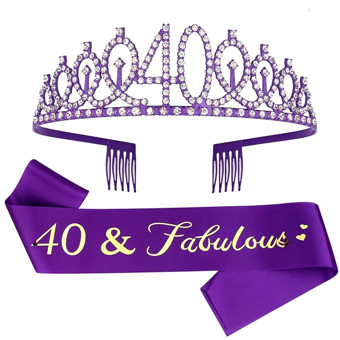 Purple 40th Birthday Celebration Kit - Sash and Tiara Set, Party Favors, Decorations and Cake Topper