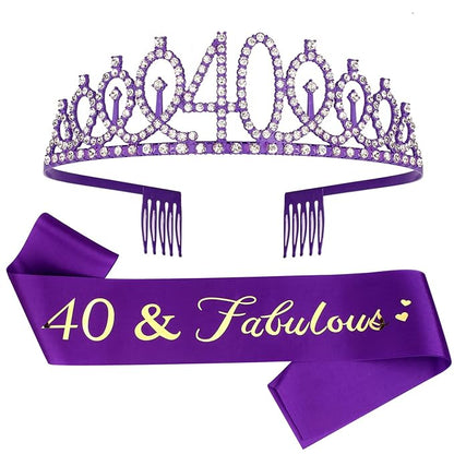Purple 40th Birthday Celebration Kit - Sash and Tiara Set, Party Favors, Decorations and Cake Topper
