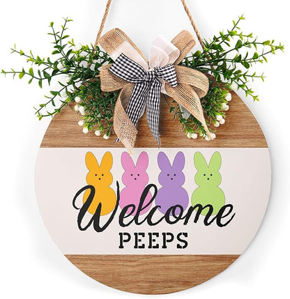 Harooni Easter Decorations Welcome Peeps Door Sign, Cute Bunny Easter Wreaths for Front Door Farmhouse Spring Door Hanger Wooden Wreath Sign with Bow Easter Porch Decorations for Home Yard Garden