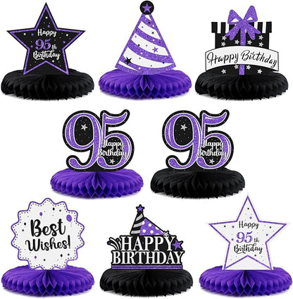 Happy 95th Birthday Decorations,95th Bday Purple Glitter Shiny Stand Honeycomb Table Centerpieces - Cheers to 95 Years Old Birthday Party Photoprop Gift Sign.