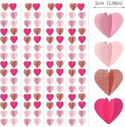 Rose-Gold Hot-Pink Party-Decorations Heart Garland - 39Ft 3D Wedding Bridal Shower Hanging Paper Streamers Banner,Baby Girl Birthday Bachelorette Engagement Mohters Brunch Decor Ouruola