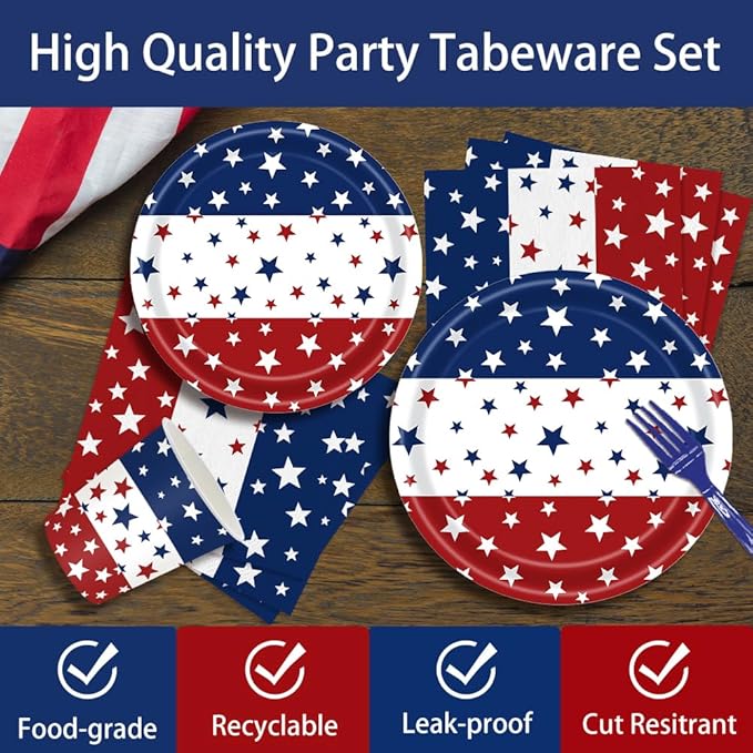 140Pcs Independence Day Party Supplies 4th of July Party Decorations Plates and Napkins Patriotic Memorial Day Party Decor Star Print Paper Plates, Serve for 20