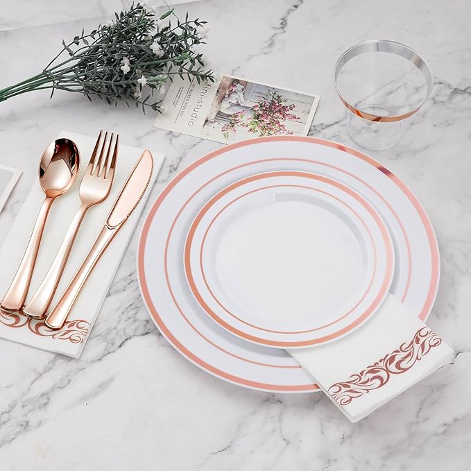 BESTVIP 350PCS Rose Gold Disposable Dinnerware Set for 50 Guests, Plastic Plates for Party, Wedding, Christmas, Halloween, Include: 100 Plastic Plates, 50 Silver Silverware, 50 Cups, 50 Napkins