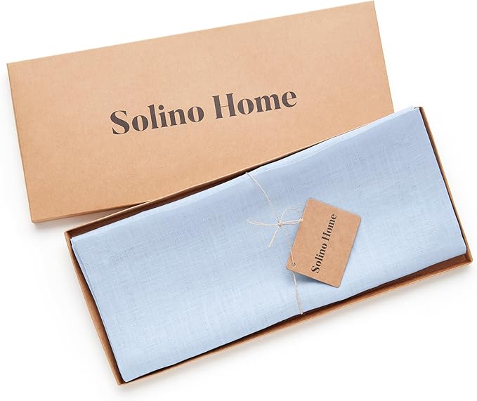 Solino Home Linen Sky Blue Table Runner 48 Inches - 100% Pure Linen Short Table Runner 14 x 48 Inch Ideal for Dresser and Coffee Tables - Fete - Christmas, Holiday, New Year