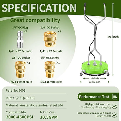 24“ Pressure Washer Surface Cleaner with 4 Wheels - Coated Green Dual Handle Stainless Steel Surface Cleaner for Pressure Washer Attachment for Concrete, Patio, Sidewalk, Deck and Driveways - PWS24G
