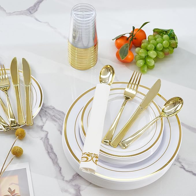 175 Pcs Gold Disposable Plates for 25 Guests, Disposable Plastic Plates, Dinnerware Set Include 25 Dinner Plates, 25 Salad Plates,25 Cups, 25 Paper Napkins for Party, Wedding, Thanksgiving