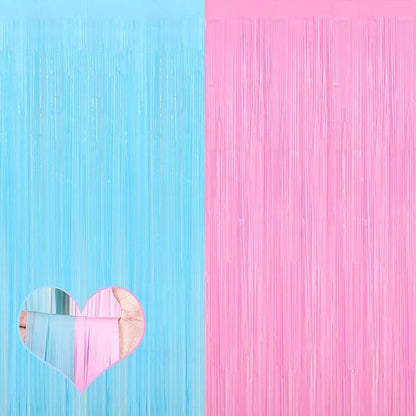 4 Pack 3.2Ft x 8.2Ft Pink Blue Fringe Curtain Backdrop, Metallic Tinsel Foil Fringe Streamers Curtains Background for Photo Booth Wedding Gender Reveal Backdrop Boy or Girl Birthday Party Decoration