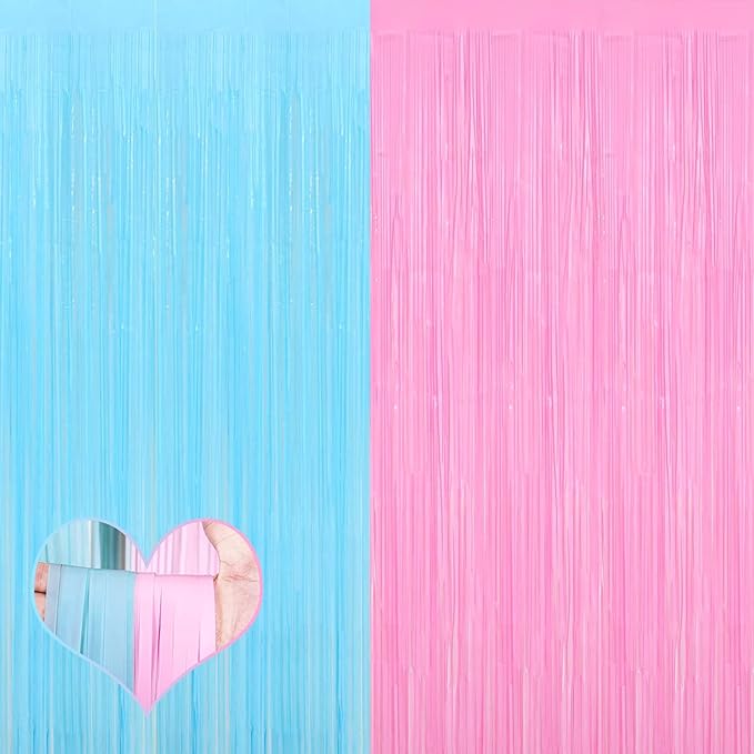 4 Pack 3.2Ft x 8.2Ft Pink Blue Fringe Curtain Backdrop, Metallic Tinsel Foil Fringe Streamers Curtains for Photo Booth Wedding Gender Reveal Backdrop Boy or Girl Birthday Party Decoration