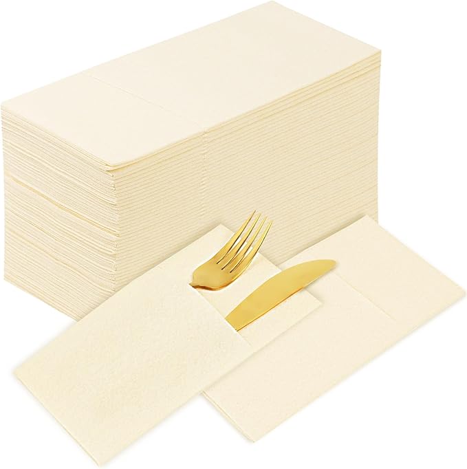 KAMMAK Dinner Napkins Disposable Beige Cloth like Paper Napkins with Pocket 100 Pack Folded Napkins Guest Hand Towel for Party Decoration, Wedding Reception, Bathroom and Kitchen (16.5 x 16.5 inch)