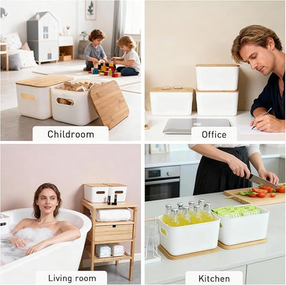 Citylife Storage Bins with Bamboo Lids 6QT Plastic Storage Containers Stackable Organizer Boxes with Handle for Desk Snacks, Toys, 2 PCS, 10"L x 7"W x 6.18"H