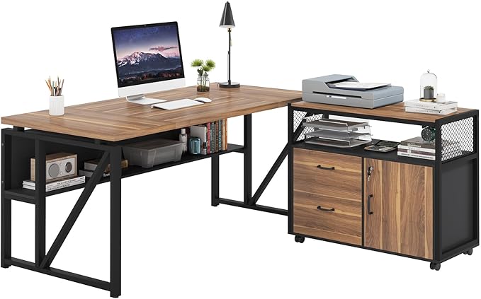 Tribesigns 63" Executive with Drawer Cabinet, L Shaped Desk and Lock lateral File Cabinet, 2 Piece Home Office Furniture Set with Drawers for Hanging File, (Brown, 63 inches)