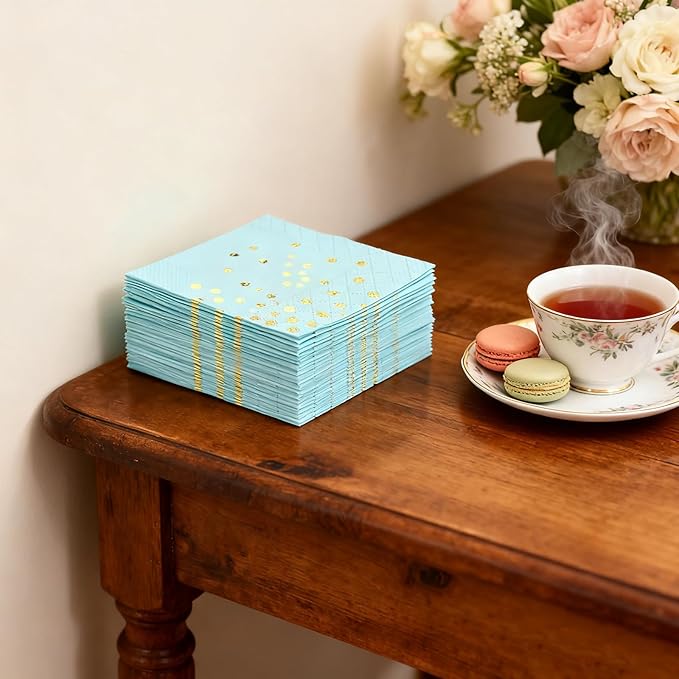 100 Pack 6.5x6.5 Inch Disposable Blue Gold Paper Napkins
