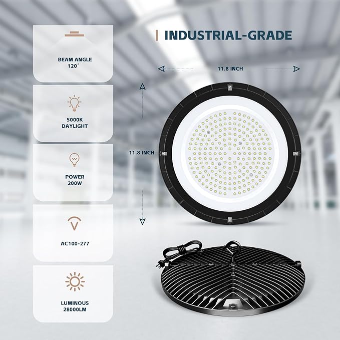 UFO LED High Bay Lights 200W 28000LM with US Plug 5ft Cable 5000K AC100-277V High Bay LED Shop Lights Commercial Warehouse Workshop Factory Barn Garage Lighting Fixture 8 Pack