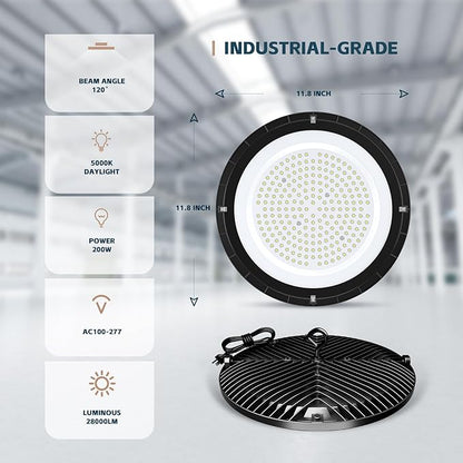 UFO LED High Bay Lights 200W 28000LM with US Plug 5ft Cable 5000K AC100-277V High Bay LED Shop Lights Commercial Warehouse Workshop Factory Barn Garage Lighting Fixture 8 Pack