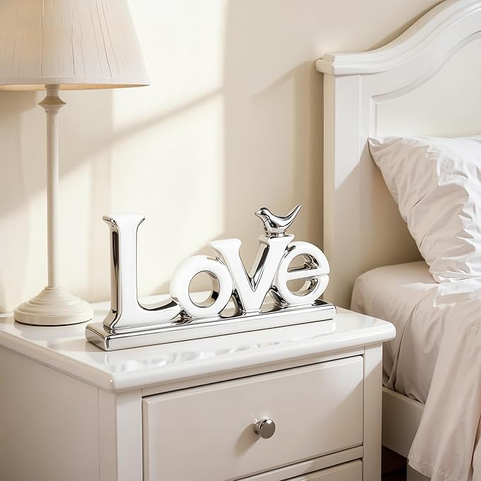 Love Sign Decoration,White and Gold Love Signs for Home Decor Statue,Modern Bird Sculpture Personalized Love Decor,Gold Style Figurine Decorative Ornaments for Living Room,Bedroom,Desktop (silver)