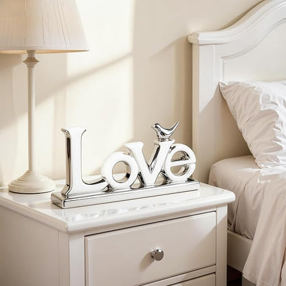 Love Sign Decoration,White and Gold Love Signs for Home Decor Statue,Modern Bird Sculpture Personalized Love Decor,Gold Style Figurine Decorative Ornaments for Living Room,Bedroom,Desktop (silver)