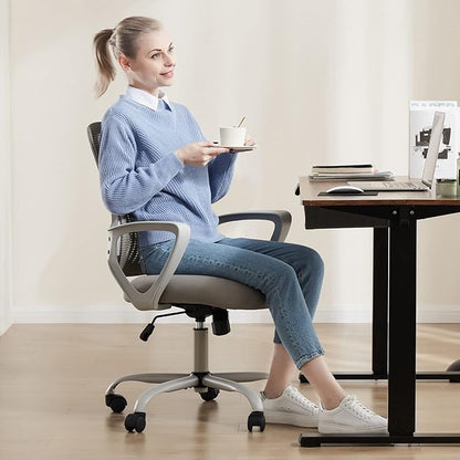 Sweetcrispy Ergonomic Mid-Back Mesh Home Office Desk Chair with Wheels, Lumbar Support, and Comfortable Armrests for Home, Bedroom, Study, Office