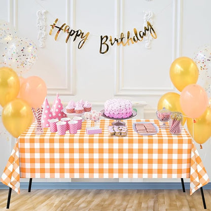 WNINK 3 Pack Orange and White Checkered Rectangular Plastic Tablecloths, Orange Gingham Waterproof Disposable Table Covers 54" x 108" for Birthday, Wedding, Outdoor Picnic Camping Parties
