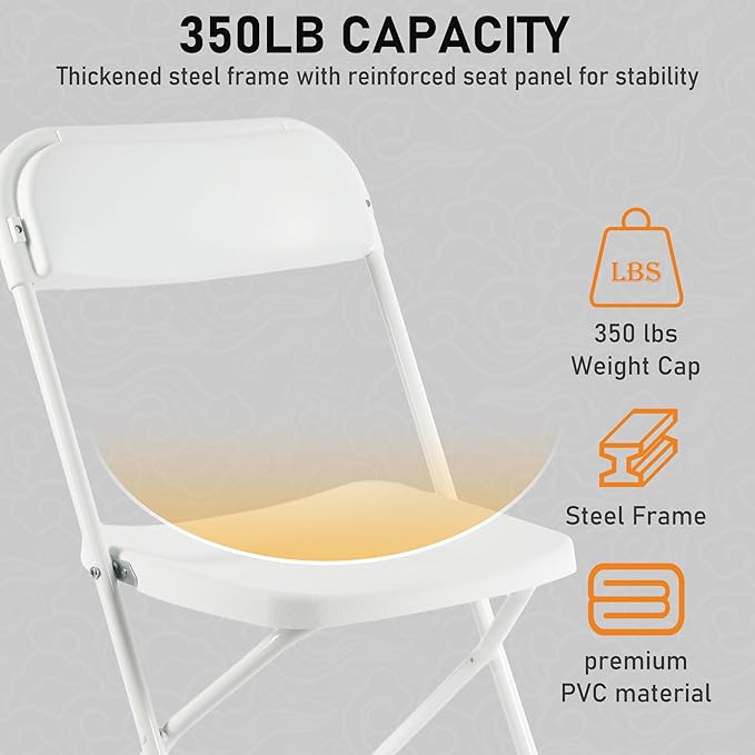 SEALAMB Plastic Folding Chairs 10 Pack, White Commercial Portable Indoor/Outdoor Chairs for Home Office, Wedding, Events Parties with Steel Frame, 350lbs Capacity (White-Plastic, 10 Pack)