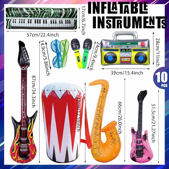 10 Pieces Inflatable Instruments Party Props Set Photo Booth Props Inflatable Guitar Saxophone Bass Lute Microphone Recorder Piano Theme Party Rock Toys Decorated Vintage Period Party