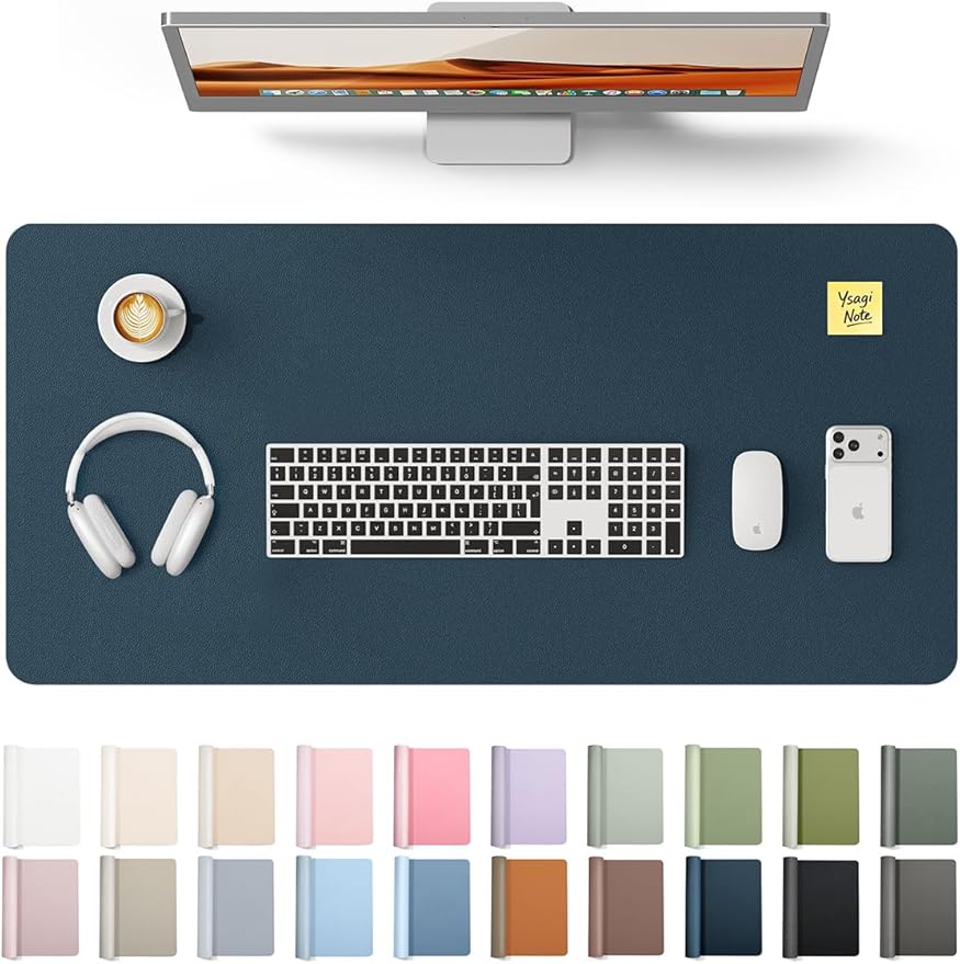 YSAGi Leather Desk Protector, Office Mat, Large Mouse Mat, Non-Slip PU Leather Blotter, Laptop Pad, Waterproof Writing Pad for Office and Home (Dark Blue, 35.4" x 17")
