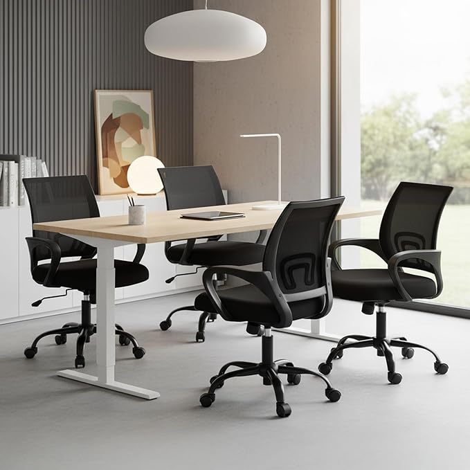 DUMOS Home Office Chair - Ergonomic Mid Back Mesh Desk Chair with Lumbar Support & Rocking Mode, Height Adjustable with Fixed Armrest, for Computer, Gaming, Meeting, 360° Swivel, Black