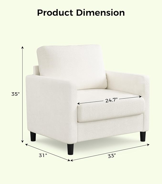 Sofa Accent Chair, 33" Reading Chair for Bedroom, Tool-Free Setup Living Room Accent Chairs, Comfy Arm Chairs Living Room, All-Wood Reading Nook, Cream White