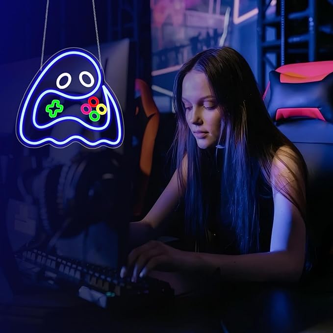 Game Ghost Neon Sign, Neon Signs for Wall Decor Gaming Room LED Light Up Signs Home Decor for Boys Bedroom Club Party Bar Shop USB Operated