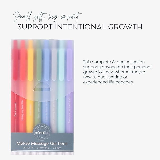 MäksēLife Makse Message Rainbow Gel Pens - Goal-Setting Writing Tools with Daily Affirmations for Personal Growth and Mindset Training, 8-Pack Set