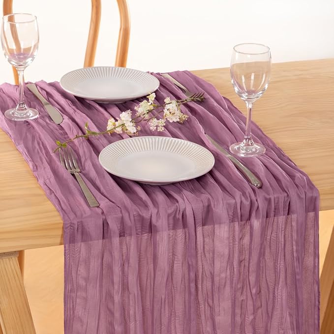 MLMC Purple Table Runner 10ft Rustic Gauze Cheesecloth Table Runner 35x120 Inches Sheer Cheese Cloth Centerpiece for Quinceanera Bridal Baby Shower Boho Wedding Home Decor